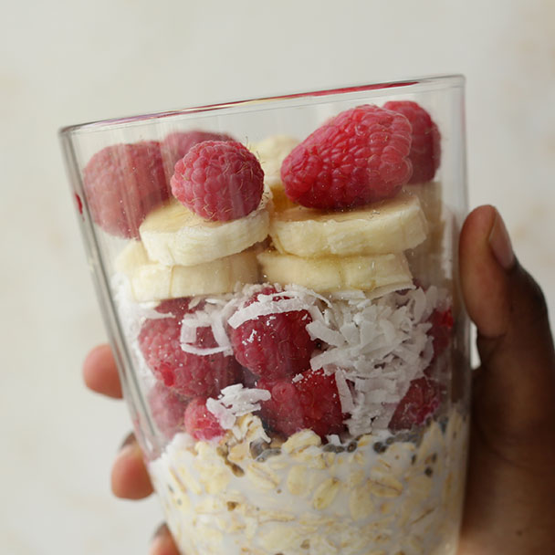 raspberry coconut overnight oats made with raspberries, coconut and banana slices